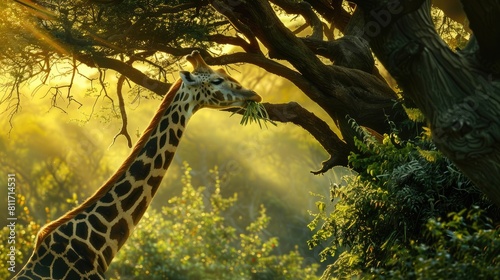 A dreamlike scene of a giraffe stretching its long neck to munch on leaves from the tallest tree in its enclosure.