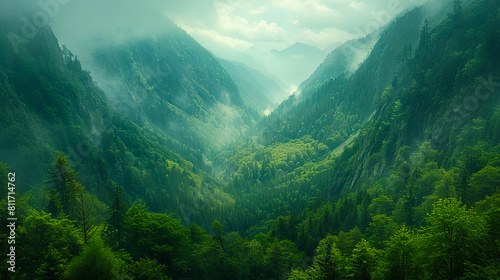 A green valley with trees and fog.