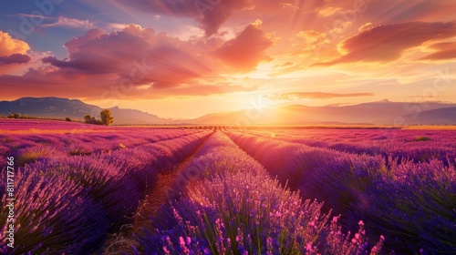 Picturesque lavender fields in provence, valensole popular sunset photography spot in france