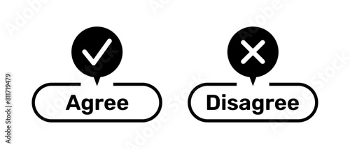 Agree and Disagree buttons with right and wrong symbols. Right and Wrong symbols with Agree and Disagree buttons black color. Tick and cross symbols with agree and disagree buttons.