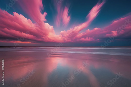 Image of moving pink and orange clouds streaking across the sky as the ocean reflects the colors of the smooth ocean sky at a lively sunset.