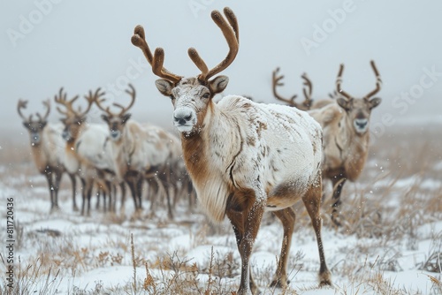 A stunning wildlife scene displaying a herd of reindeer with one in focus, against the snowy backdrop of a winter landscape