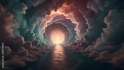 A tunnel shaped with clouds. Light a the end of the tunnel. AI generativ.
