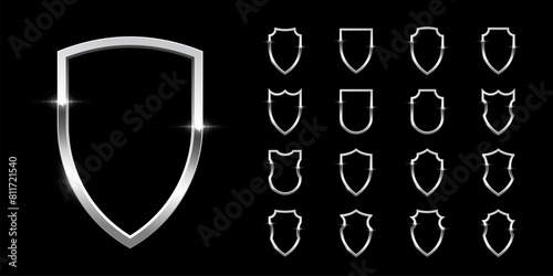 Black shields with silver frame set for emblem, badge, label. Vector luxury design elements. Royal medieval military armor collection isolated on black background. War trophy, heraldic symbol