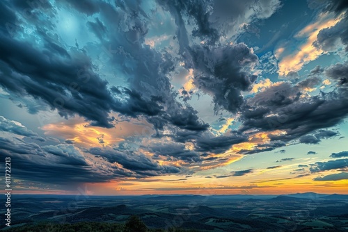  A valley, obscured by low-lying clouds, is bathed in sunlight as it fades over mountain silhouettes at dusk. Beautiful simple AI generated image in 4K, unique.