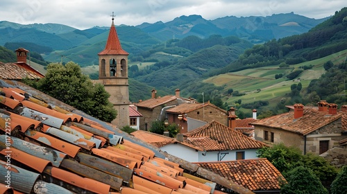 Idyllic European Village with Rustic Houses and Church Bell Tower Amidst Rolling Hills. Perfect for Travel and Culture Themes. Serene and Picturesque. Scenic Countryside Landscape. AI