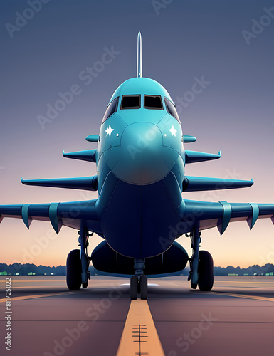 Front view of an airplane or aero plane running on the runway in night time, flight plane, 