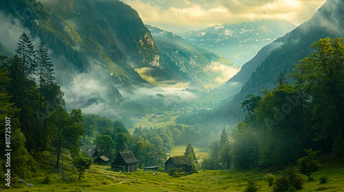 A beautiful scene of a mountain valley with fog.