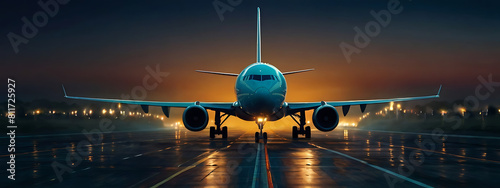 Front view of an airplane or aero plane running on the runway in night time, flight plane, old