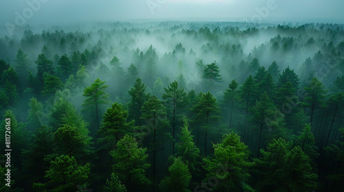 A foggy forest with trees and fog.