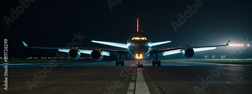 Front view of an airplane or aero plane running on the runway in night time, flight plane, air