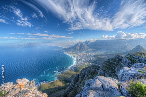 Coast and city view from the top of a mountain - Table Mountain, Cape Town, South Africa. Beautiful simple AI generated image in 4K, unique.