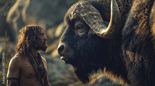 Neanderthal man stands against big woolly buffalo, hunter