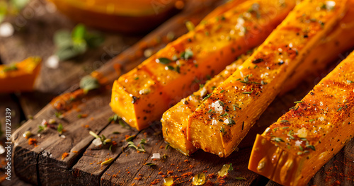 Roasted butternut squash on a wooden cutting board.