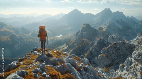 A hikers traversing a steep mountain pass, the rocky terrain and sweeping vistas creating an unforgettable outdoor adventure, copy space. Generative AI.