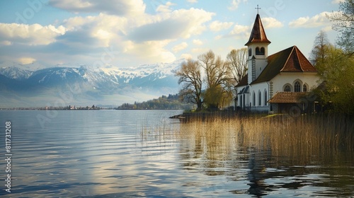 Church at Biel lake on a spring day