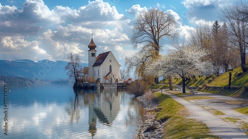 Church at Biel lake on a spring day