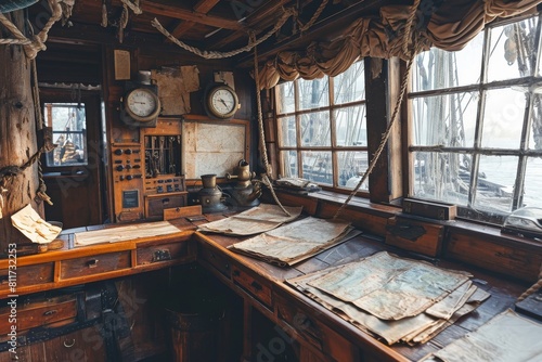 Interior of an old sailor seafaring ship, strewn with maps and equipment in cavin , AI-generated