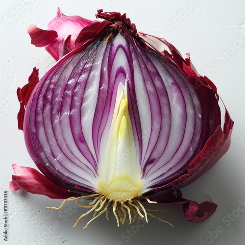 Highlight minimalism with a photograph of a single, slender slice of red onion, positioned diagonally on a pristine white surface, capturing its vibrant purple color and crispness