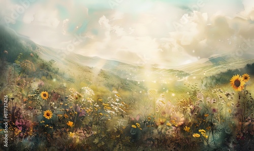 AI paesaggio naturalistico con fiori gialli e nuvole 04