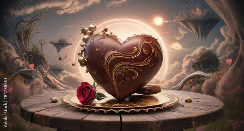 A decadent heart-shaped chocolate, adorned with delicate swirls and intricate designs,