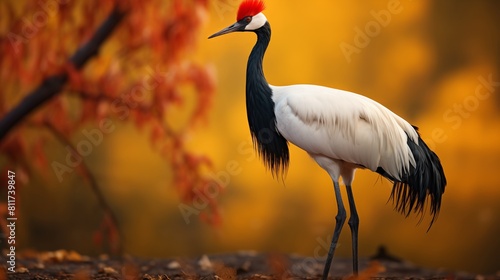 An elegant red-crowned crane standing gracefully amidst autumn foliage, with vibrant colors in the background.