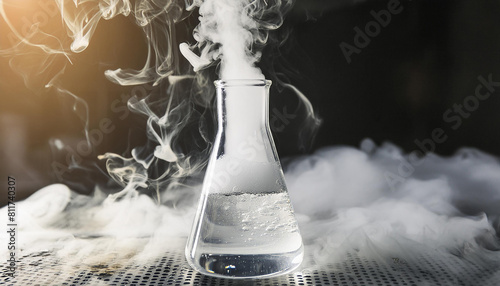 Glass conical Erlenmeyer flask, transparent test tube with smoke effect. Chemical laboratory.