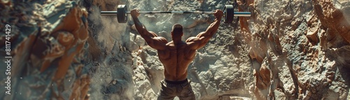 A powerful image of a muscular man performing a weightlifting exercise outdoors among rugged, rocky surroundings. 