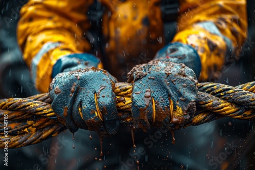 Close-up of weathered hands firmly gripping a thick, wet ship's rope against a yellow slicker