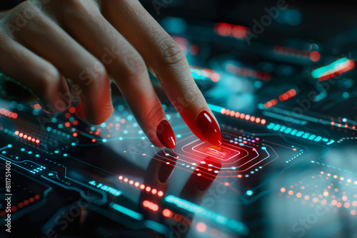 Female hand using cyber hologram panel, finger pressing Interactive red touch screen button. Futuristic digital information control panel. Electronic circuit design