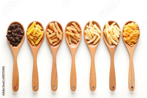 Various types of pasta in wooden spoons on white background, top view