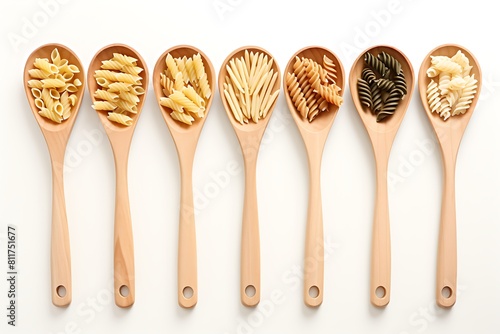 Various types of pasta in wooden spoons on white background, top view