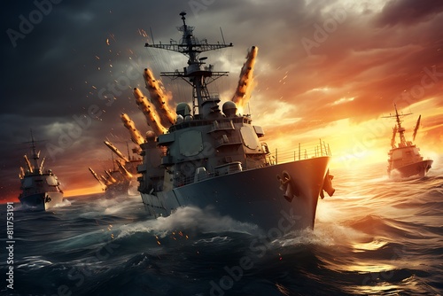 Military ship in the sea with smoke and fire. 3d illustration