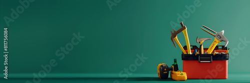 Repair tools toolbox web banner. Toolbox with repair tools isolated on green background with copy space.
