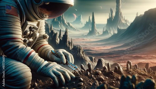 An astronaut collecting rock samples on a distant planet.