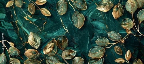 Luxury background with golden line art leaves on emerald green (kitchen glass)