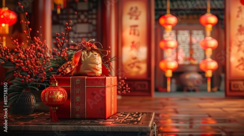 3d render a beautiful still life of a red and gold gift box sitting on a table in a traditional Chinese courtyard