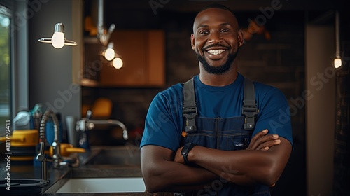 positive smiling handsome african american plumber in uniform smiling looking at the camera while in the kitchen
