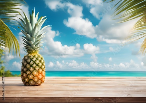 Banner summer tropical sea with waves, Pineapple and blue sky with clouds