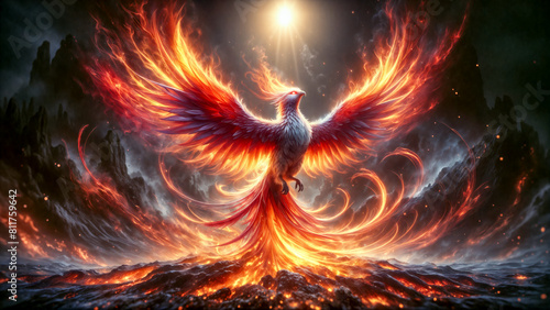 Majestic phoenix, mythical bird, rises from ashes, symbolizing rebirth and renewal.