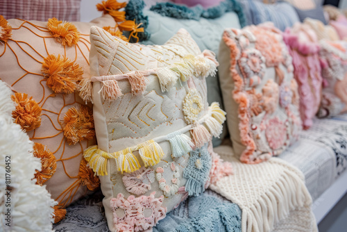 bohemian style textured pillows with tassels and pom-poms for eclectic interior design