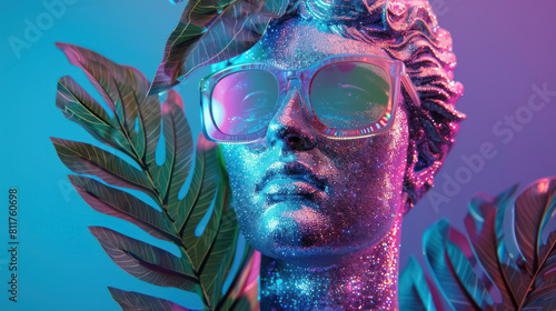 colorful greek bust with holographic glitter and tropical leaves in a surreal artistic setting