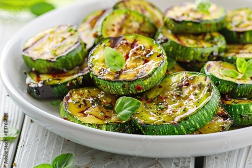 Grilled zucchini pieces in plate on wooden table