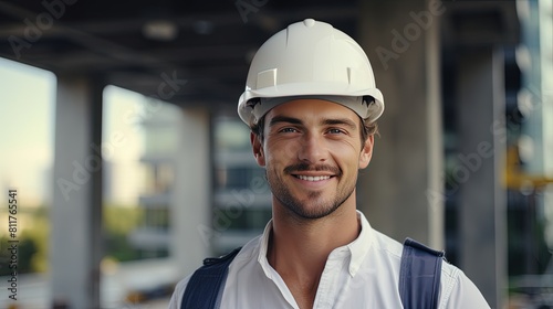 positive handsome Caucasian worker in uniform and helmet smiles looking at the camera while being on the background of a construction site