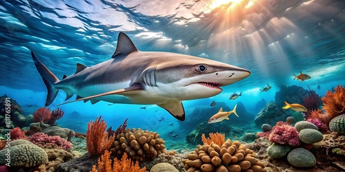 great white shark, swimming harmony other fish, corals sea creatures 
