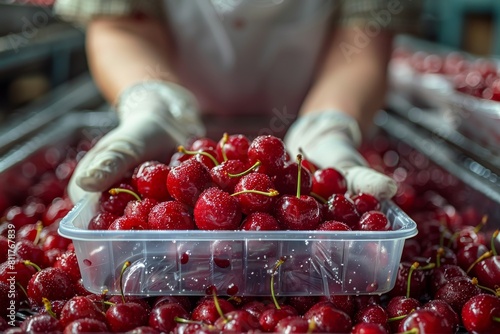 Worker in protective gloves carefully selects and packages vibrant dewy cherries into clear plastic boxes for sale