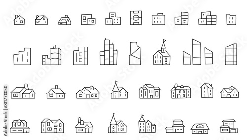 Buildings icons set. Separate elements of the architecture map. Editable outline. Vector line.