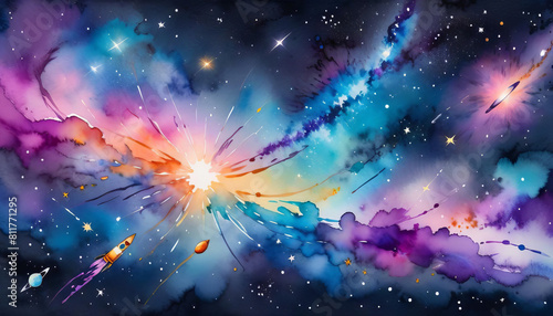 drawn aquarelle watercolor hand background astro texture border watercolour brush illustration cosmos elongated stroke galaxy night sky cosmic colorful stars shape frame space long edge universe star