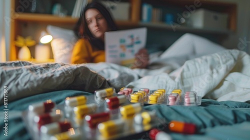 Woman lying in bed reading package leaflet, in the foreground medicines lying on a table