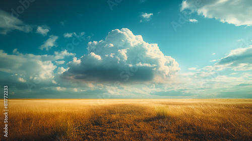 A large cloud in the sky with a field of grass below. The sky is mostly blue with some clouds scattered throughout. Scene is peaceful and serene, with the vast open field